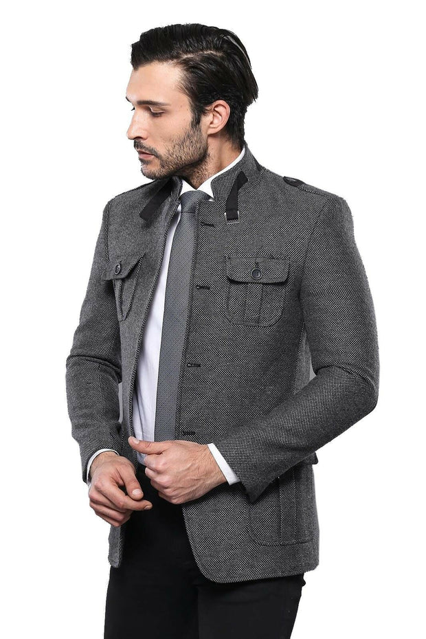 Mandarin Collar Gray Slim Fit Jacket | Wessi $30 - $50, 38, 40, 46, Blue, Casual, Daily, Grey, Italian, Italian Suit, Men's Blazers, Modern Fit, Navy, Patterned, Regular, Slim Fit, Slim Fit B