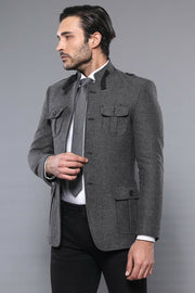 Mandarin Collar Gray Slim Fit Jacket | Wessi $30 - $50, 38, 40, 46, Blue, Casual, Daily, Grey, Italian, Italian Suit, Men's Blazers, Modern Fit, Navy, Patterned, Regular, Slim Fit, Slim Fit B