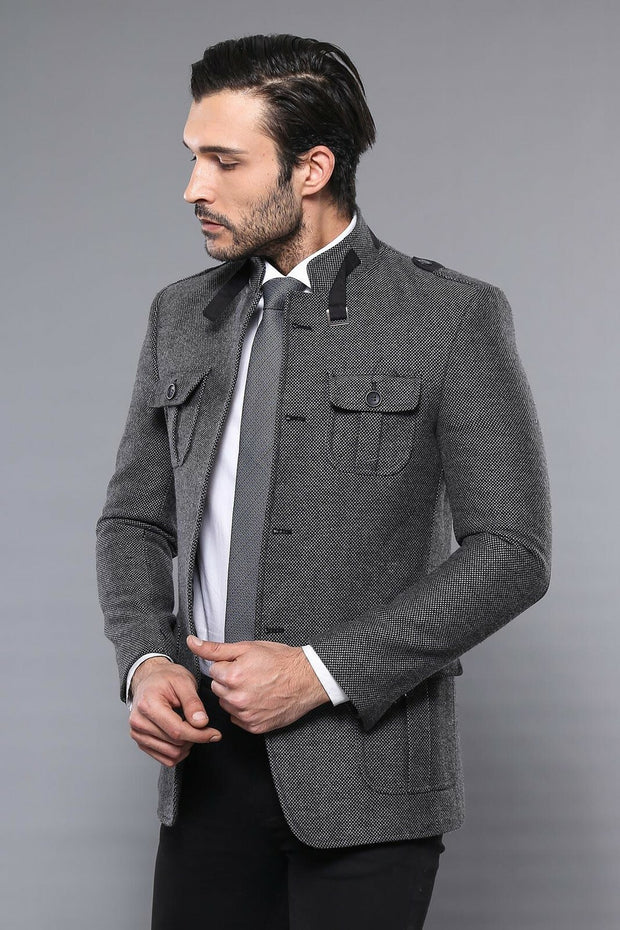 Mandarin Collar Gray Slim Fit Jacket | Wessi $30 - $50, 38, 40, 46, Blue, Casual, Daily, Grey, Italian, Italian Suit, Men's Blazers, Modern Fit, Navy, Patterned, Regular, Slim Fit, Slim Fit B