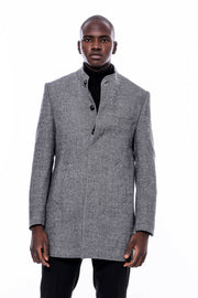 Mandarin Collar Grey Short Coat 34, 36, 38, 40, 42, 44, 46, 48, Mandarin Collar Peacoat, Modern Fit, Outwear, Peacoat, Slim Fit OutwearPeacoatMandarin Collar Peacoat - wessi