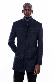 Mandarin Collar Navy Checked Coat 36, 38, 40, 42, 44, 46, 48, Blue, Checked, Mandarin Collar Peacoat, Modern Fit, Navy, navy-blue, Outwear, Peacoat, Plaid, Slim Fit OutwearPeacoatMandarin Col