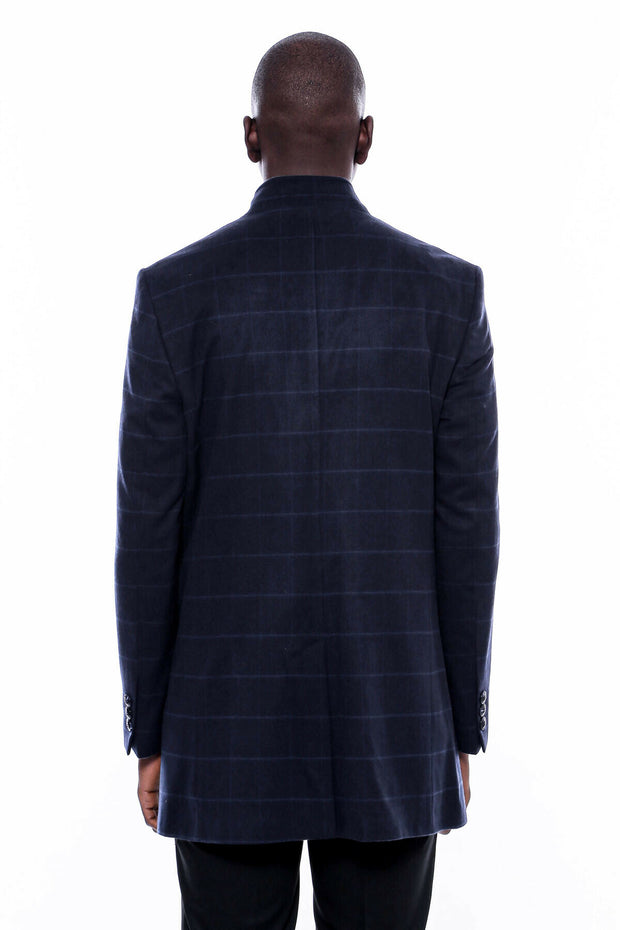 Mandarin Collar Navy Checked Coat 36, 38, 40, 42, 44, 46, 48, Blue, Checked, Mandarin Collar Peacoat, Modern Fit, Navy, navy-blue, Outwear, Peacoat, Plaid, Slim Fit OutwearPeacoatMandarin Col