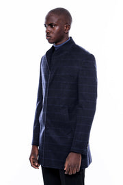 Mandarin Collar Navy Checked Coat 36, 38, 40, 42, 44, 46, 48, Blue, Checked, Mandarin Collar Peacoat, Modern Fit, Navy, navy-blue, Outwear, Peacoat, Plaid, Slim Fit OutwearPeacoatMandarin Col