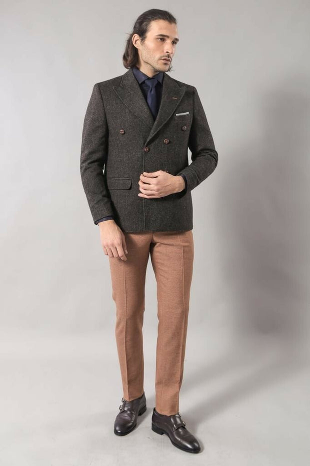 Men's Blazer Double Breasted in Smoked | Wessi $50 - $100, 36, 38, Brown, Casual, Daily, Double Breasted, Men's Blazers, Modern Fit, Office, Peak, Peak Lapel, Plaid, Slim Fit, Tweed Blazer Ou