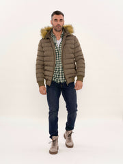 Men's Brown Down coat with Fur | Wessi $50 - $100, 36, 38, 40, 42, 44, 46, Brown, Casual, Daily, Down Coat, Furry Hooded, Hooded, Jackets, Light Brown, Modern Fit, Outwear, Puffer Coats, Quil