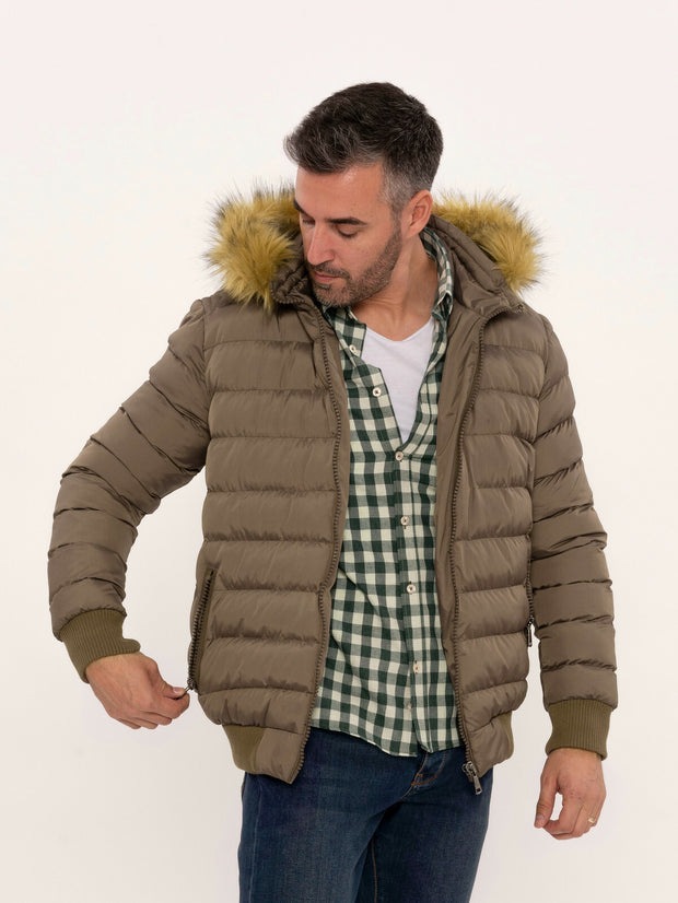 Men's Brown Down coat with Fur | Wessi $50 - $100, 36, 38, 40, 42, 44, 46, Brown, Casual, Daily, Down Coat, Furry Hooded, Hooded, Jackets, Light Brown, Modern Fit, Outwear, Puffer Coats, Quil