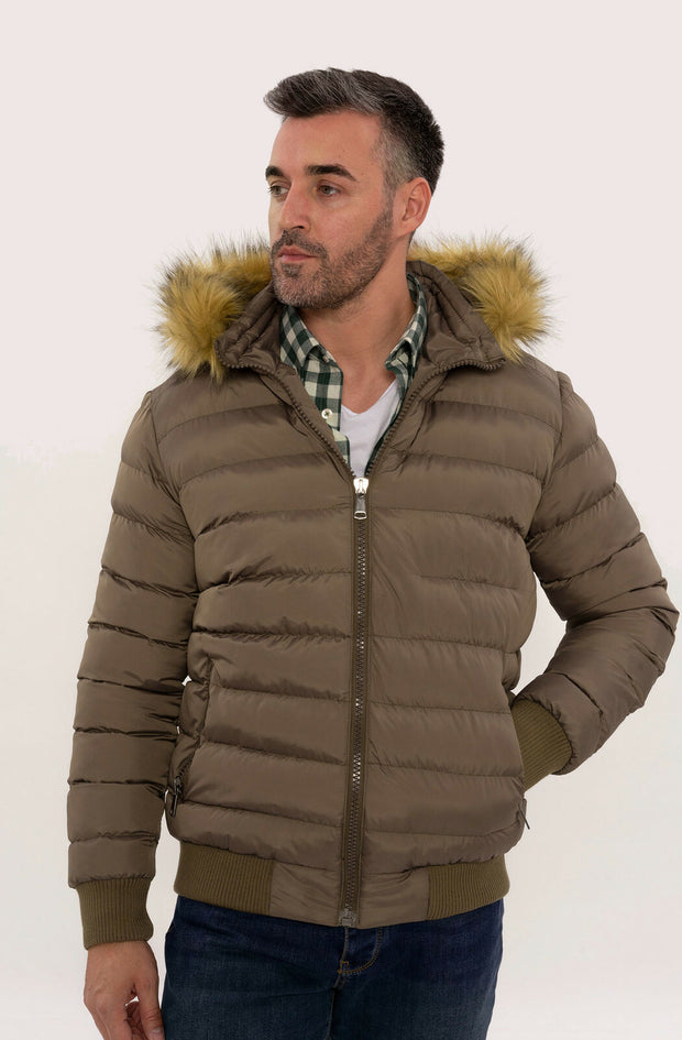 Men's Brown Down coat with Fur | Wessi $50 - $100, 36, 38, 40, 42, 44, 46, Brown, Casual, Daily, Down Coat, Furry Hooded, Hooded, Jackets, Light Brown, Modern Fit, Outwear, Puffer Coats, Quil