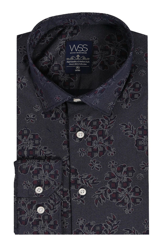 Men's Navy Blue Floral Pattern Shirt | Wessi 3-piece-suit, Blue, Casual, Daily, Floral, Floral Shirt, Italian, Modern Fit, Navy, navy-blue, Patterned, Shirt, Slim Fit ShirtFloral Shirt - wess