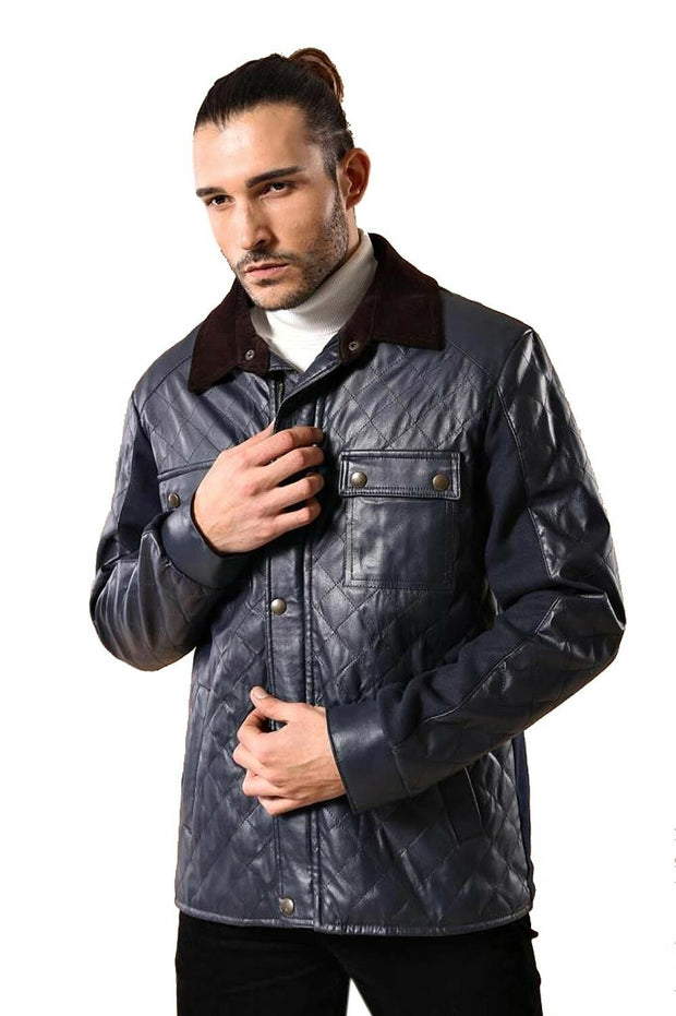 Navy Blue Cache Quilted Leather Coat 3-piece-suit, 36, 38, 40, 42, 44, Blue, Jackets, Modern Fit, Navy, navy-blue, Outwear, Puffer Coats, Quilted, Slim Fit, Zippered OutletBlazer - wessi