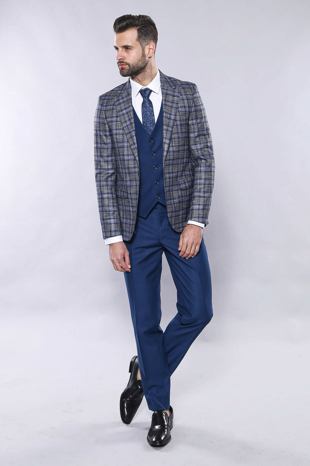 Navy Blue Checked Combined Suit | Wessi 3 Piece Suits, 3-piece-suit, 36, 38, 40, 42, Blue, Checked, Classic Blazer, Combined Suit, mens-suit, mens-suit_obsolete, Modern Fit, Navy, navy-blue, 