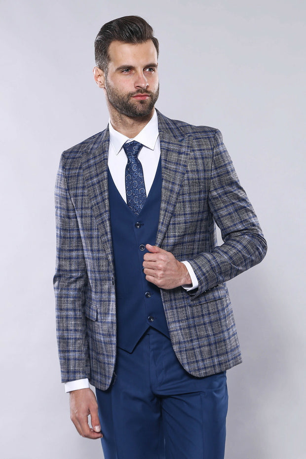 Navy Blue Checked Combined Suit | Wessi 3 Piece Suits, 3-piece-suit, 36, 38, 40, 42, Blue, Checked, Classic Blazer, Combined Suit, mens-suit, mens-suit_obsolete, Modern Fit, Navy, navy-blue, 