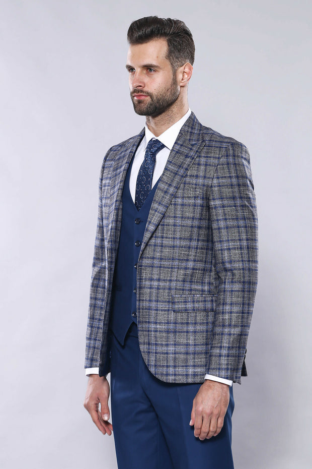 Navy Blue Checked Combined Suit | Wessi 3 Piece Suits, 3-piece-suit, 36, 38, 40, 42, Blue, Checked, Classic Blazer, Combined Suit, mens-suit, mens-suit_obsolete, Modern Fit, Navy, navy-blue, 