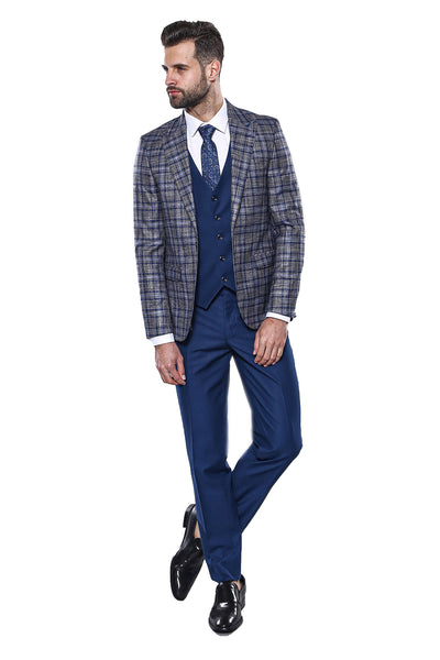 Navy Blue Checked Combined Suit | Wessi 3 Piece Suits, 3-piece-suit, 36, 38, 40, 42, Blue, Checked, Classic Blazer, Combined Suit, mens-suit, mens-suit_obsolete, Modern Fit, Navy, navy-blue, 