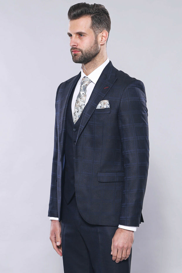 Navy Blue Checked Suit | Wessi 3 Piece Suits, 3-piece-suit, 36, 38, 48, Blue, Checked, mens-suit, mens-suit_obsolete, Navy, navy-blue, Peak, Peak Lapel, Plaid, Suit Suit3 Piece Suits - wessi