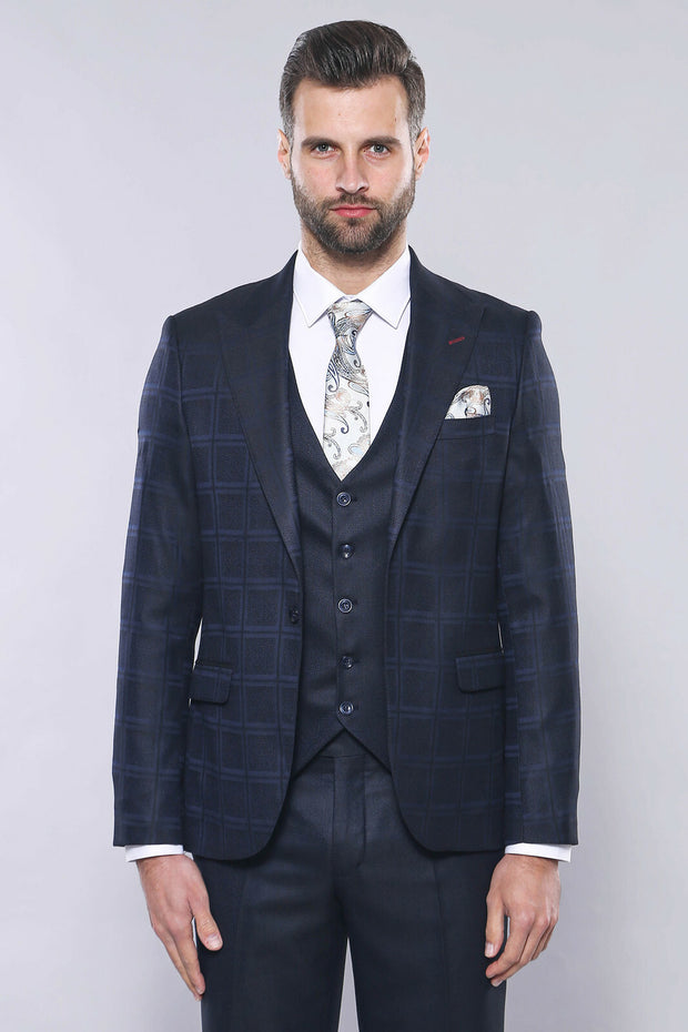 Navy Blue Checked Suit | Wessi 3 Piece Suits, 3-piece-suit, 36, 38, 48, Blue, Checked, mens-suit, mens-suit_obsolete, Navy, navy-blue, Peak, Peak Lapel, Plaid, Suit Suit3 Piece Suits - wessi