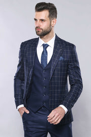 Navy Blue Checked Vested Suit | Wessi 3 Piece Suits, 3-piece-suit, 36, 48, Blue, Checked, mens-suit_obsolete, Navy, Navy Blue, Peak, Peak Lapel, Plaid, Suit Suit3 Piece Suits - wessi