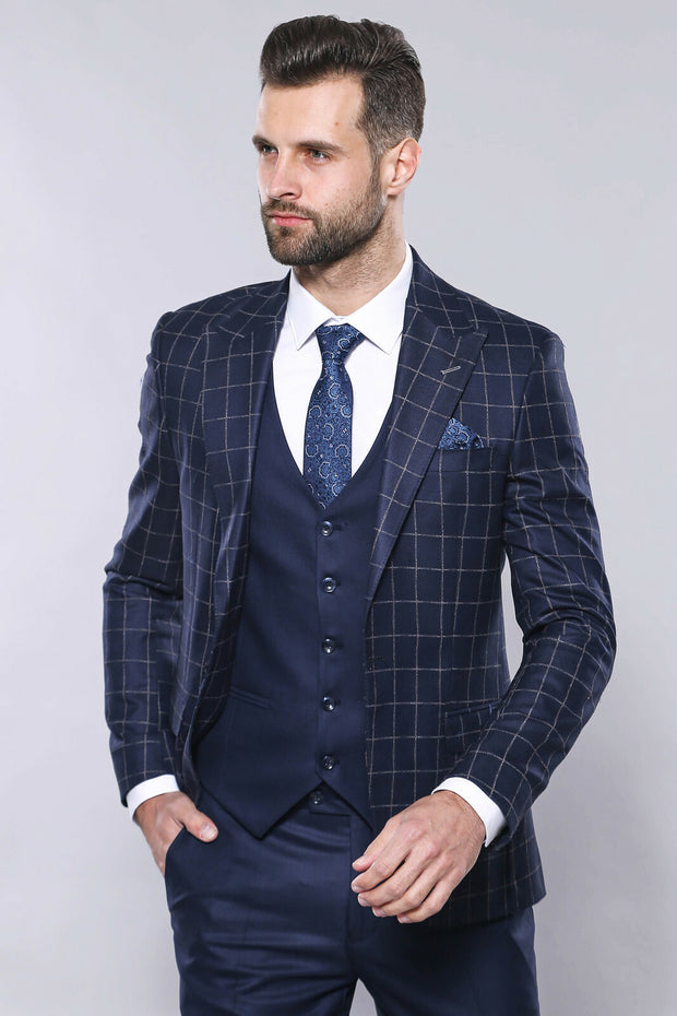 Navy Blue Checked Vested Suit | Wessi 3 Piece Suits, 3-piece-suit, 36, 48, Blue, Checked, mens-suit_obsolete, Navy, Navy Blue, Peak, Peak Lapel, Plaid, Suit Suit3 Piece Suits - wessi