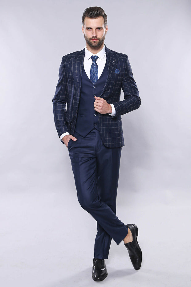 Navy Blue Checked Vested Suit | Wessi 3 Piece Suits, 3-piece-suit, 36, 48, Blue, Checked, mens-suit_obsolete, Navy, Navy Blue, Peak, Peak Lapel, Plaid, Suit Suit3 Piece Suits - wessi