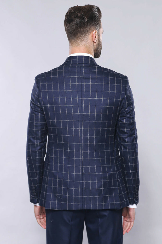 Navy Blue Checked Vested Suit | Wessi 3 Piece Suits, 3-piece-suit, 36, 48, Blue, Checked, mens-suit_obsolete, Navy, Navy Blue, Peak, Peak Lapel, Plaid, Suit Suit3 Piece Suits - wessi