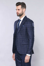 Navy Blue Checked Vested Suit | Wessi 3 Piece Suits, 3-piece-suit, 36, 48, Blue, Checked, mens-suit_obsolete, Navy, Navy Blue, Peak, Peak Lapel, Plaid, Suit Suit3 Piece Suits - wessi