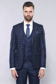 Navy Blue Checked Vested Suit | Wessi 3 Piece Suits, 3-piece-suit, 36, 48, Blue, Checked, mens-suit_obsolete, Navy, Navy Blue, Peak, Peak Lapel, Plaid, Suit Suit3 Piece Suits - wessi