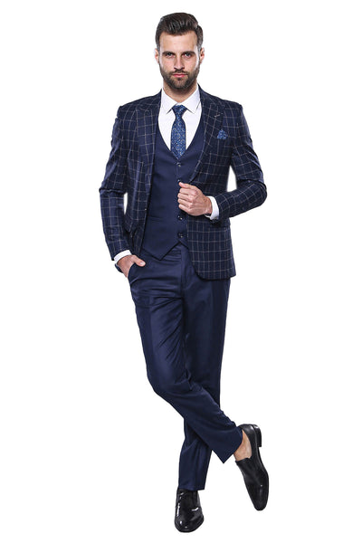 Navy Blue Checked Vested Suit | Wessi 3 Piece Suits, 3-piece-suit, 36, 48, Blue, Checked, mens-suit_obsolete, Navy, Navy Blue, Peak, Peak Lapel, Plaid, Suit Suit3 Piece Suits - wessi