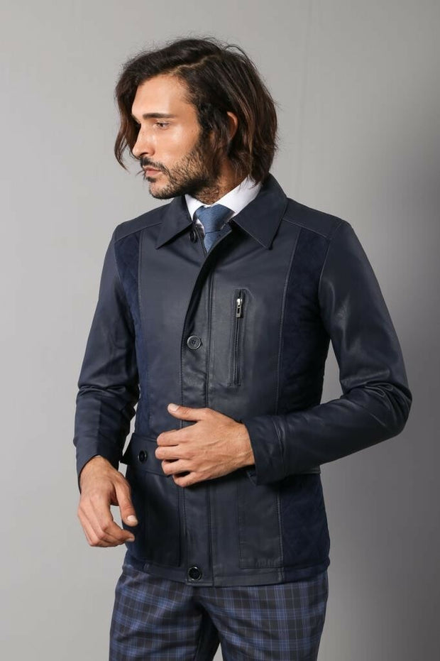 Navy Blue Leather Coat 3-piece-suit, 36, 38, 40, 42, 44, 46, Blue, Jackets, Modern Fit, Navy, navy-blue, Outwear, Puffer Coats, Quilted, Slim Fit, Suede, Zippered OutletBlazer - wessi