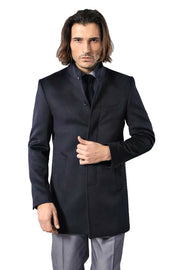 Navy Blue Mandarin Collar Long Coat | Wessi 3-piece-suit, 34, 36, 38, 40, 42, 44, 46, 48, Blue, Coat, Kaban, Modern Fit, Navy, navy-blue, Outwear, Slim Fit OutwearCoatKaban - wessi