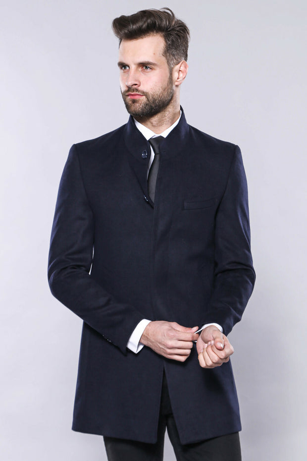 Navy Blue Mandarin Collar Long Coat | Wessi 3-piece-suit, 34, 36, 38, 40, 42, 44, 46, 48, Blue, Coat, Kaban, Modern Fit, Navy, navy-blue, Outwear, Slim Fit OutwearCoatKaban - wessi