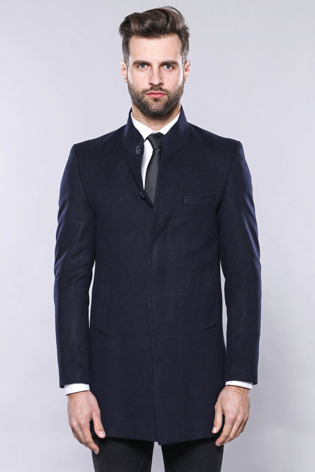 Navy Blue Mandarin Collar Long Coat | Wessi 3-piece-suit, 34, 36, 38, 40, 42, 44, 46, 48, Blue, Coat, Kaban, Modern Fit, Navy, navy-blue, Outwear, Slim Fit OutwearCoatKaban - wessi