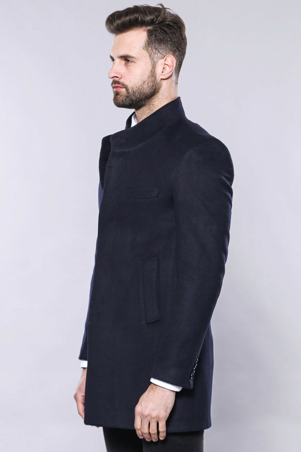 Navy Blue Mandarin Collar Long Coat | Wessi 3-piece-suit, 34, 36, 38, 40, 42, 44, 46, 48, Blue, Coat, Kaban, Modern Fit, Navy, navy-blue, Outwear, Slim Fit OutwearCoatKaban - wessi