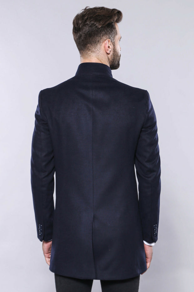 Navy Blue Mandarin Collar Long Coat | Wessi 3-piece-suit, 34, 36, 38, 40, 42, 44, 46, 48, Blue, Coat, Kaban, Modern Fit, Navy, navy-blue, Outwear, Slim Fit OutwearCoatKaban - wessi