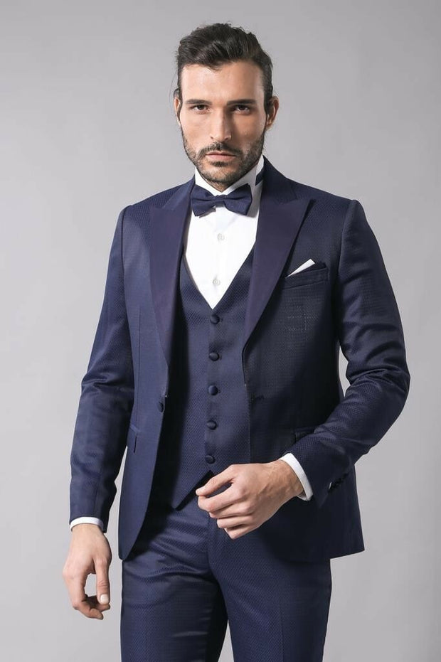 Navy Blue Modeled Tuxedo | Wessi 3-piece-suit, 36, 38, 40, 42, 44, 46, Blue, mens-suit_obsolete, Modern Fit, Navy, Navy Blue, Party, Peak, Peak Lapel, Slim Fit, Slim Fit Suit, Suit, Wedding O