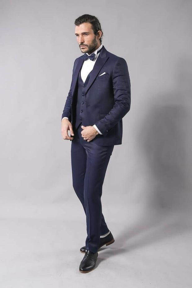 Navy Blue Modeled Tuxedo | Wessi 3-piece-suit, 36, 38, 40, 42, 44, 46, Blue, mens-suit_obsolete, Modern Fit, Navy, Navy Blue, Party, Peak, Peak Lapel, Slim Fit, Slim Fit Suit, Suit, Wedding O