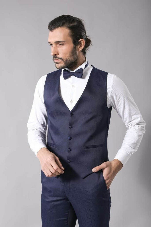 Navy Blue Modeled Tuxedo | Wessi 3-piece-suit, 36, 38, 40, 42, 44, 46, Blue, mens-suit_obsolete, Modern Fit, Navy, Navy Blue, Party, Peak, Peak Lapel, Slim Fit, Slim Fit Suit, Suit, Wedding O