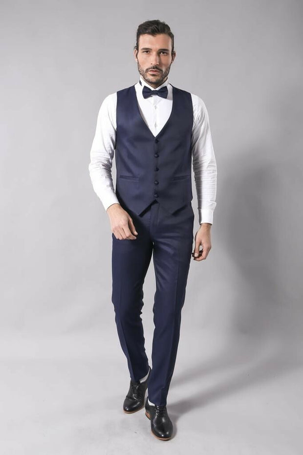 Navy Blue Modeled Tuxedo | Wessi 3-piece-suit, 36, 38, 40, 42, 44, 46, Blue, mens-suit_obsolete, Modern Fit, Navy, Navy Blue, Party, Peak, Peak Lapel, Slim Fit, Slim Fit Suit, Suit, Wedding O