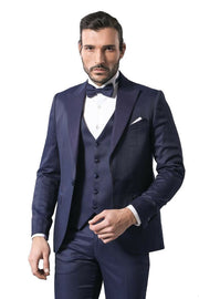 Navy Blue Modeled Tuxedo | Wessi 3-piece-suit, 36, 38, 40, 42, 44, 46, Blue, mens-suit_obsolete, Modern Fit, Navy, Navy Blue, Party, Peak, Peak Lapel, Slim Fit, Slim Fit Suit, Suit, Wedding O