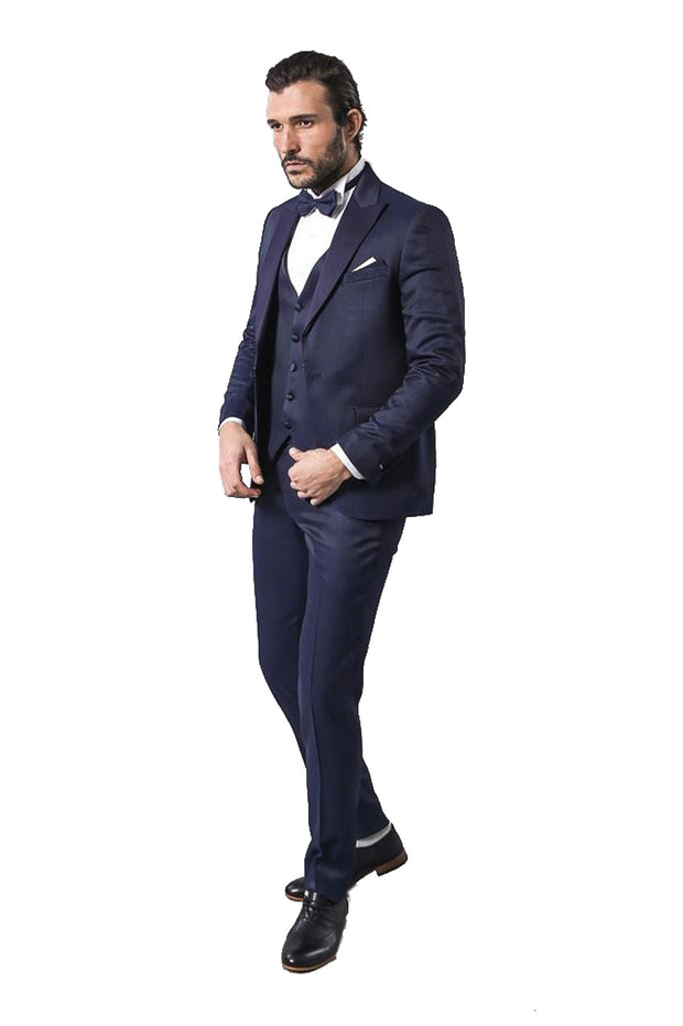 Navy Blue Modeled Tuxedo | Wessi 3-piece-suit, 36, 38, 40, 42, 44, 46, Blue, mens-suit_obsolete, Modern Fit, Navy, Navy Blue, Party, Peak, Peak Lapel, Slim Fit, Slim Fit Suit, Suit, Wedding O