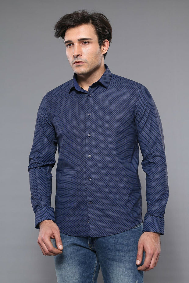 Navy Blue Patterned Long Sleeve Shirt | Wessi 3-piece-suit, blue, Casual, Cuff, Daily, Dot Patterned, Italian, Long Sleeve, Modern Fit, Navy, Navy Blue, Patterned, Plaid, S, Shirt, Slim Fit, 