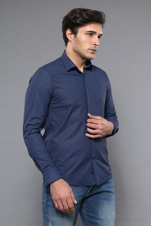 Navy Blue Patterned Long Sleeve Shirt | Wessi 3-piece-suit, blue, Casual, Cuff, Daily, Dot Patterned, Italian, Long Sleeve, Modern Fit, Navy, Navy Blue, Patterned, Plaid, S, Shirt, Slim Fit, 