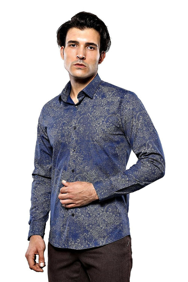 Navy Blue Patterned Shirt | Wessi 3-piece-suit, Blue, Casual, Cuff, Daily, Floral, Italian, Long Sleeve, Modern Fit, Navy, Navy Blue, Patterned, Shirt, Slim Fit, Slim Fit Shirt ShirtSlim Fit 