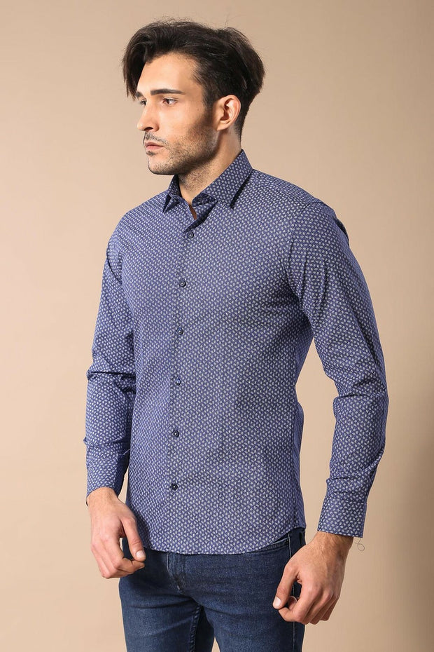 Navy Blue Patterned Shirt | Wessi 3-piece-suit, Blue, Casual, Daily, Italian, Modern Fit, Navy, navy-blue, Patterned, Shirt, Slim Fit, Slim Fit Shirt, Sport ShirtSlim Fit Shirt - wessi