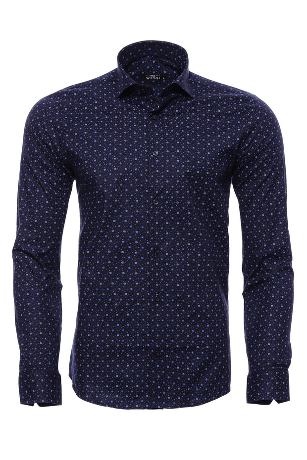 Navy Blue Patterned Slim Fit Long Sleeve Shirt 3-piece-suit, Blue, Casual, Cuff, Daily, Dot Patterned, Floral Shirt, Italian, L, Long Sleeve, M, Modern Fit, Navy, navy-blue, Patterned, S, Shi