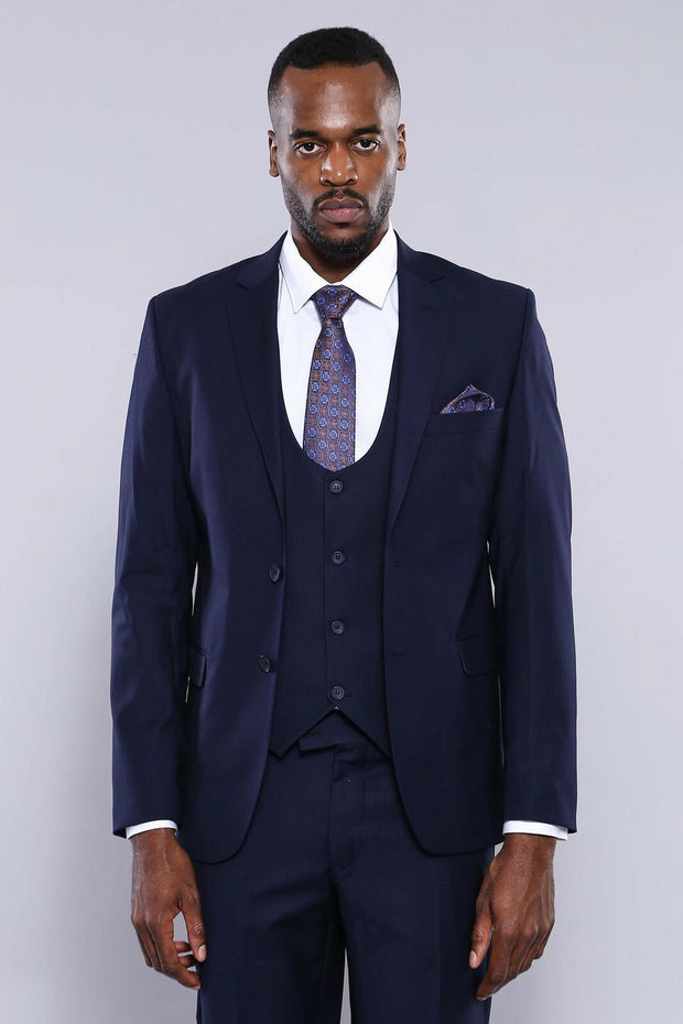 Navy Blue Plain 3-Piece Suit with Vest | Wessi 3-piece-suit, 32, 34, 36, 38, 40, 42, 44, 46, 48, Blue, mens-suit_obsolete, Modern Fit, Navy, navy-blue, Notch, Slim Fit, Slim Fit Suit, Suit Su