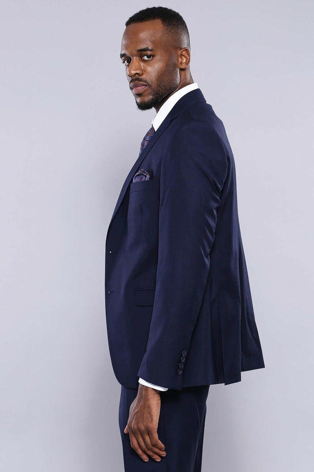 Navy Blue Plain 3-Piece Suit with Vest | Wessi 3-piece-suit, 32, 34, 36, 38, 40, 42, 44, 46, 48, Blue, mens-suit_obsolete, Modern Fit, Navy, navy-blue, Notch, Slim Fit, Slim Fit Suit, Suit Su