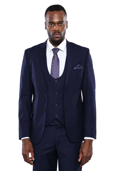 Navy Blue Plain 3-Piece Suit with Vest | Wessi 3-piece-suit, 32, 34, 36, 38, 40, 42, 44, 46, 48, Blue, mens-suit_obsolete, Modern Fit, Navy, navy-blue, Notch, Slim Fit, Slim Fit Suit, Suit Su