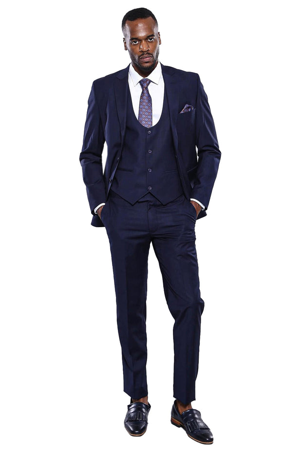 Navy Blue Plain 3-Piece Suit with Vest | Wessi 3-piece-suit, 32, 34, 36, 38, 40, 42, 44, 46, 48, Blue, mens-suit_obsolete, Modern Fit, Navy, navy-blue, Notch, Slim Fit, Slim Fit Suit, Suit Su