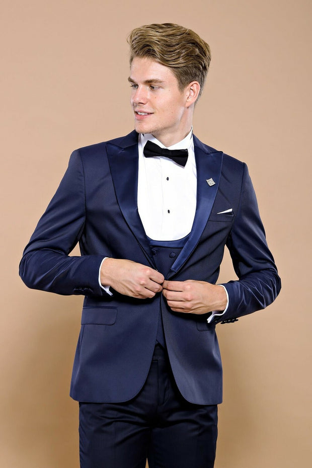 Navy Blue Removable Lapel Tuxedo | Wessi 3-piece-suit, 34, 36, 38, 40, 42, 44, 46, Blue, mens-suit_obsolete, Modern Fit, Navy, Navy Blue, Party, Peak, Peak Lapel, Slim Fit, Slim Fit Suit, Sui