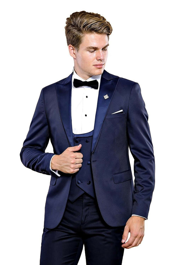 Navy Blue Removable Lapel Tuxedo | Wessi 3-piece-suit, 34, 36, 38, 40, 42, 44, 46, Blue, mens-suit_obsolete, Modern Fit, Navy, Navy Blue, Party, Peak, Peak Lapel, Slim Fit, Slim Fit Suit, Sui