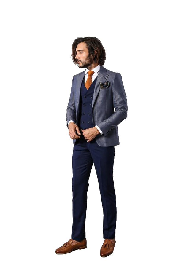 Navy Blue Self-Patterned Vested Suit | Wessi 3-piece-suit, 36, 38, 40, 42, 44, 46, Blue, Combined, Modern Fit, Navy, Navy Blue, Peak, Peak Lapel, Slim Fit, Slim Fit Suit, Suit OutletSuit - we